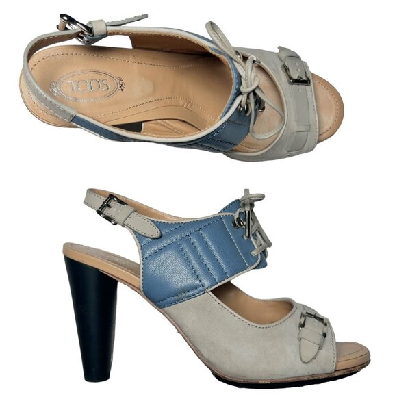 TODS Two Tone Lace Up Heels Gray Suede Blue Leather Buckle Pumps US 9.5 - Picture 1 of 16